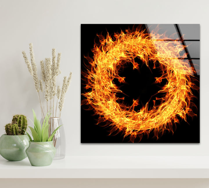 Fiery Ring Wall Art – Flame Circle Abstract Design on Tempered Glass