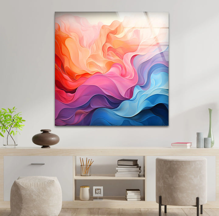 Colorful Fluid Abstract Glass Wall Art – Red, Pink & Blue Flowing Design - MyPhotoStation