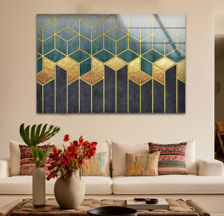 Gold Teal Geometric Wall Art – Luxury Patterned Glass Print for Modern Decor