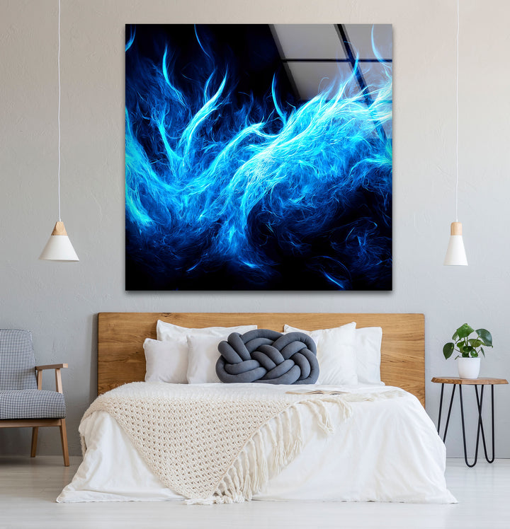 Blue Flame Abstract Glass Wall Art – Fiery Energy & Modern Decor