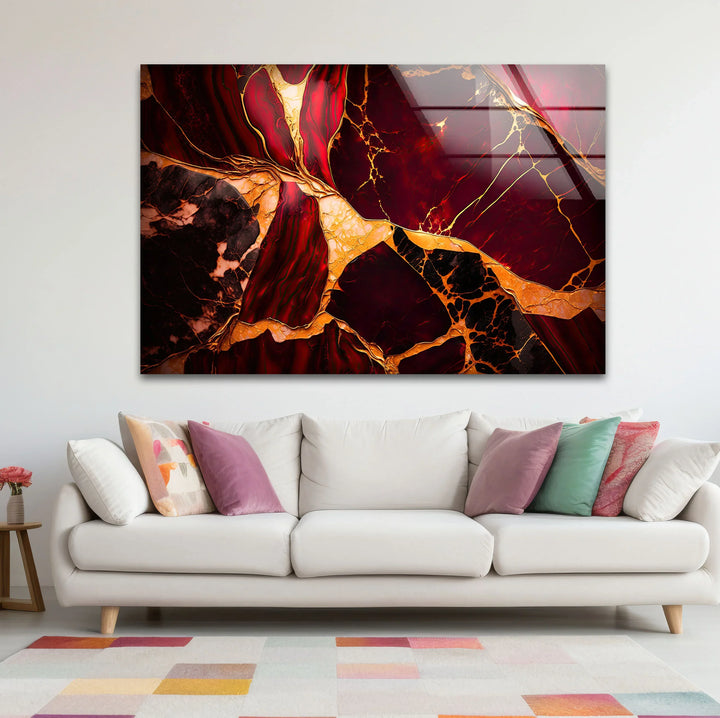 Red and Gold Marble Wall Art – Luxurious Crimson Glass Print with Cracked Vein Pattern for Bold Modern Interiors - MyPhotoStation