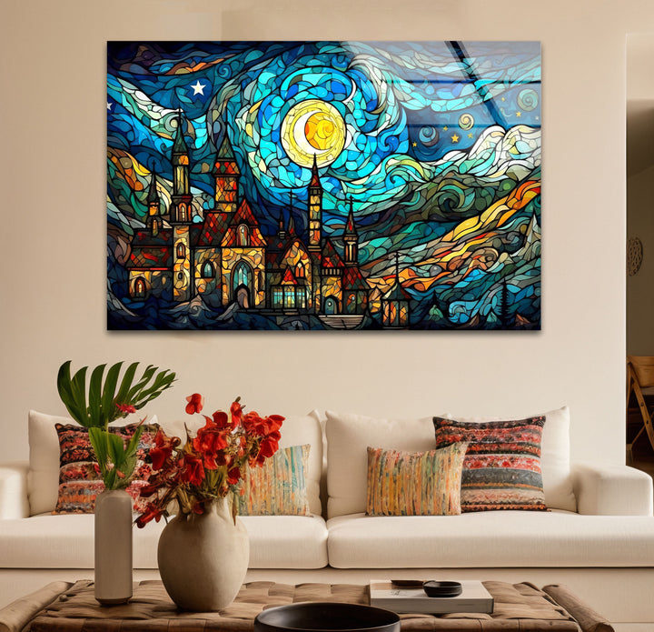 Van Gogh Sternennacht Schloss Glaswandkunst – Buntglas-inspiriert 