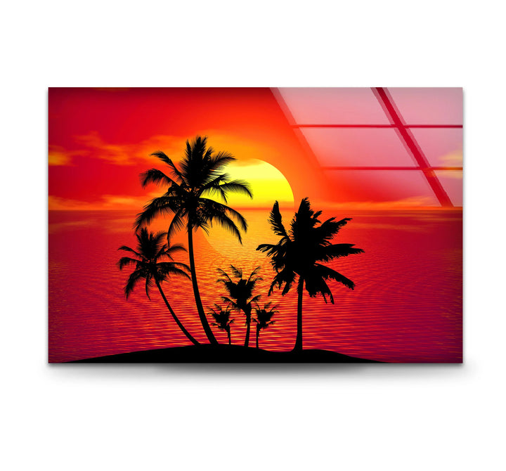 Tropical Sunset Palm Tree Wall Art – Vibrant Beach Scene on Tempered Glass - MyPhotoStation