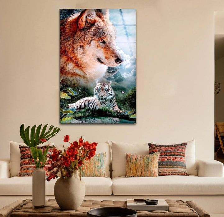 Wolf and White Tiger Wall Art – Majestic Animal Duo Nature Glass Print for Bold Decor - MyPhotoStation