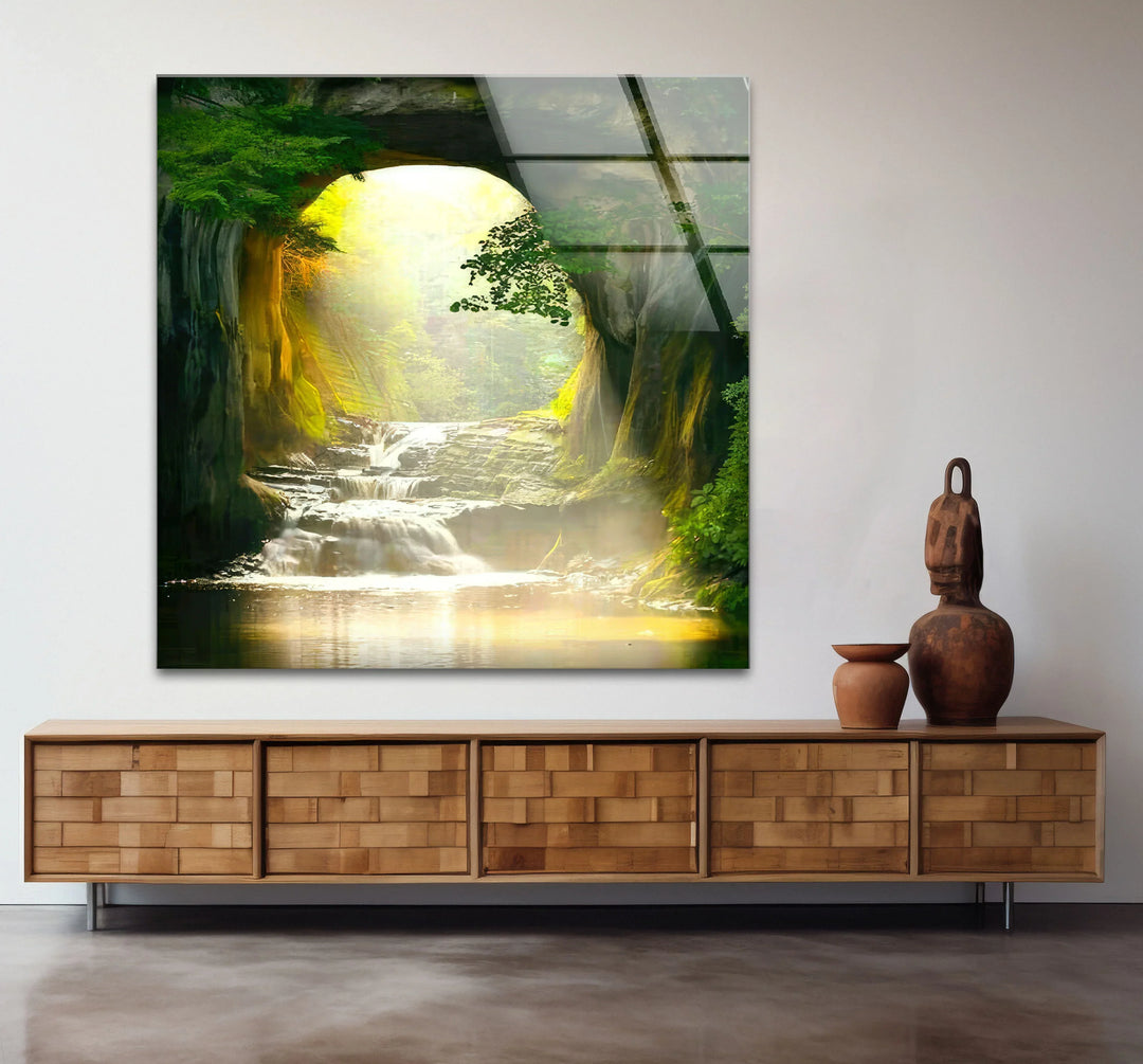 Sunlit Forest Cave Waterfall Glass Wall Art – Serene Nature Landscape Print - MyPhotoStation