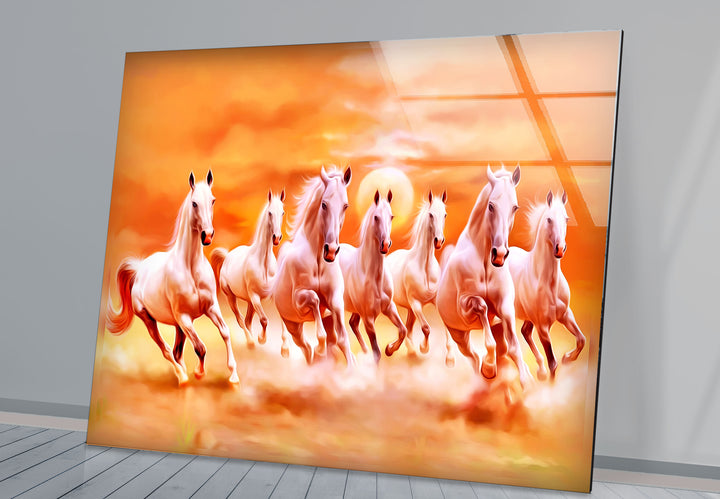 Wandkunst mit sieben laufenden Pferden – Spirituelle Sonnenaufgangsszene, Glasdruck