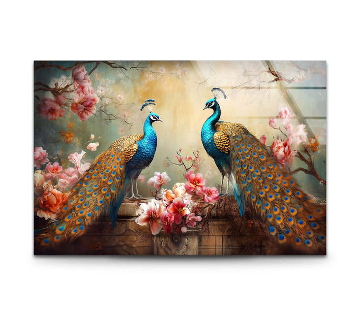Elegant Peacock Wall Art – Floral Tempered Glass Print for Luxury Interiors