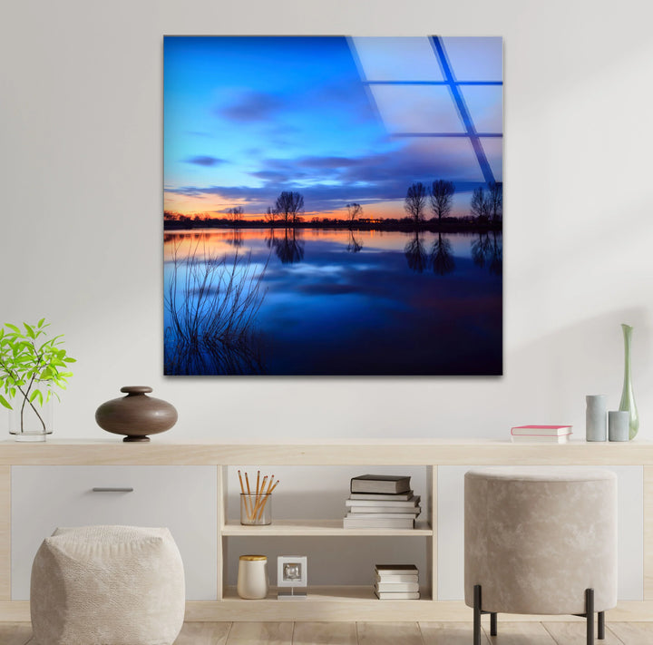 Blue Sunset Lake Wall Art – Serene Landscape Glass Print for Calm and Modern Interiors - MyPhotoStation