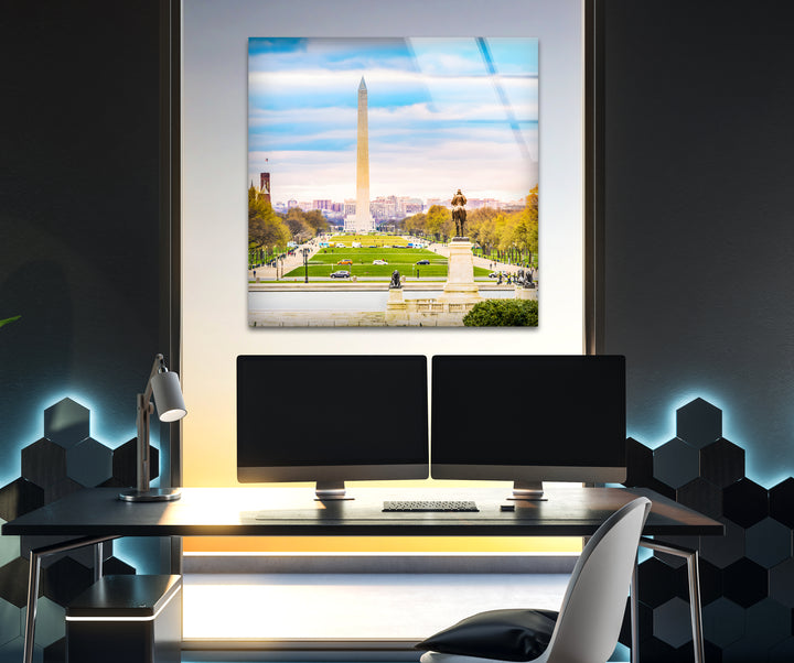 Glaswandkunst mit Blick auf Washington DC – Ikonisches Washington Monument mit malerischem Blick auf die National Mall