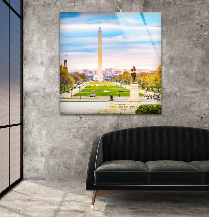 Glaswandkunst mit Blick auf Washington DC – Ikonisches Washington Monument mit malerischem Blick auf die National Mall