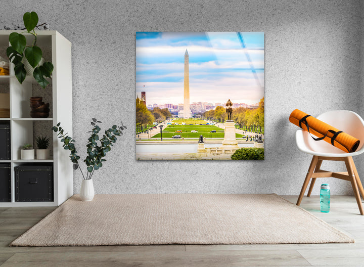 Glaswandkunst mit Blick auf Washington DC – Ikonisches Washington Monument mit malerischem Blick auf die National Mall