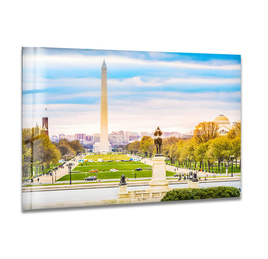 Organic forms of trees frame the Washington Monument in this scenic Washington DC view captured as a stunning glass art painting.