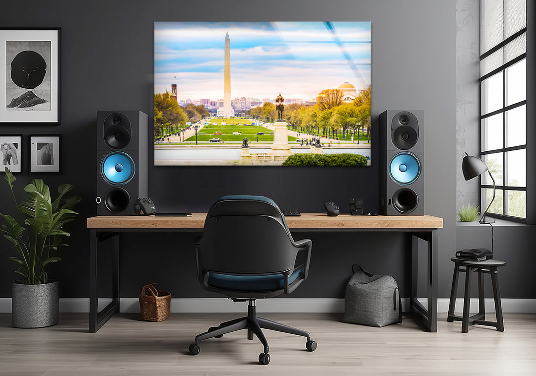 Glaswandkunst mit Blick auf Washington DC – Ikonisches Washington Monument mit malerischem Blick auf die National Mall