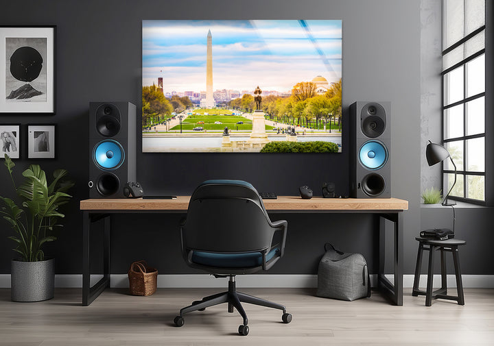 Glaswandkunst mit Blick auf Washington DC – Ikonisches Washington Monument mit malerischem Blick auf die National Mall