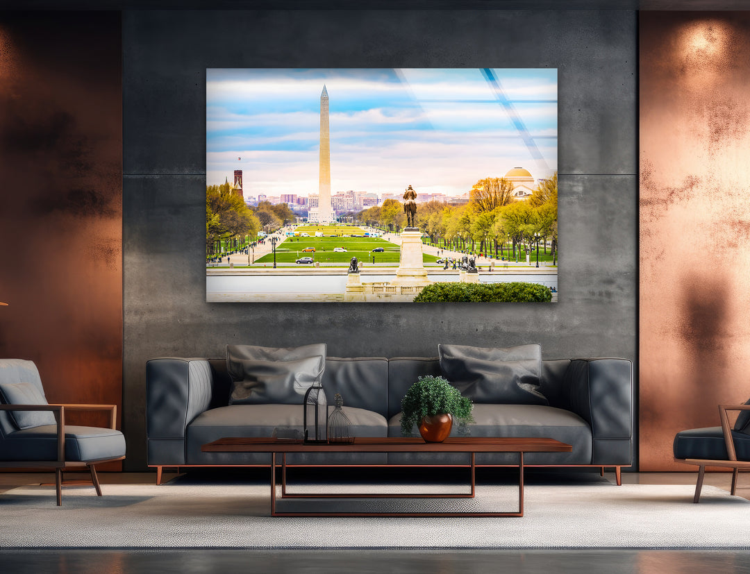 Glaswandkunst mit Blick auf Washington DC – Ikonisches Washington Monument mit malerischem Blick auf die National Mall