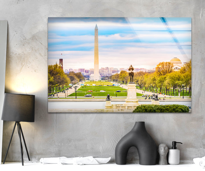 Glaswandkunst mit Blick auf Washington DC – Ikonisches Washington Monument mit malerischem Blick auf die National Mall