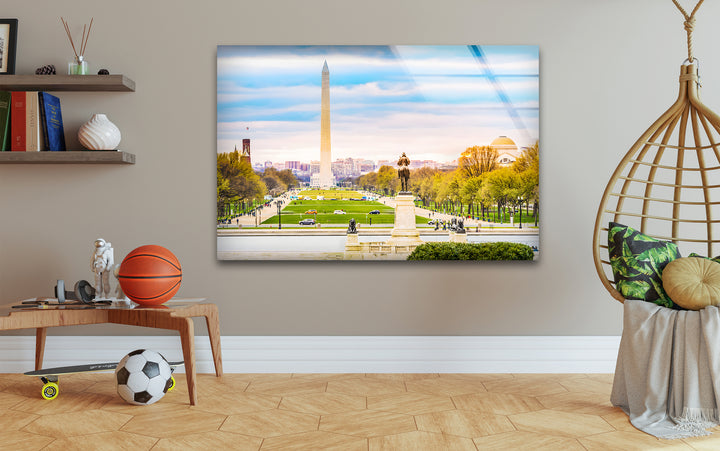 Glaswandkunst mit Blick auf Washington DC – Ikonisches Washington Monument mit malerischem Blick auf die National Mall