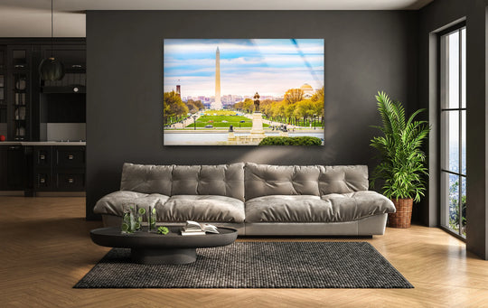 Light and shadow play across the Washington DC View *glass wall art decor*, highlighting the iconic Washington Monument and the scenic National Mall view.