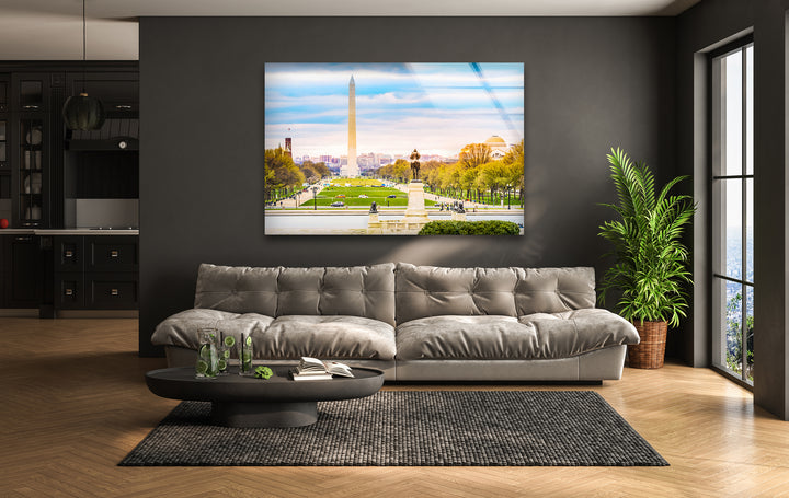 Glaswandkunst mit Blick auf Washington DC – Ikonisches Washington Monument mit malerischem Blick auf die National Mall