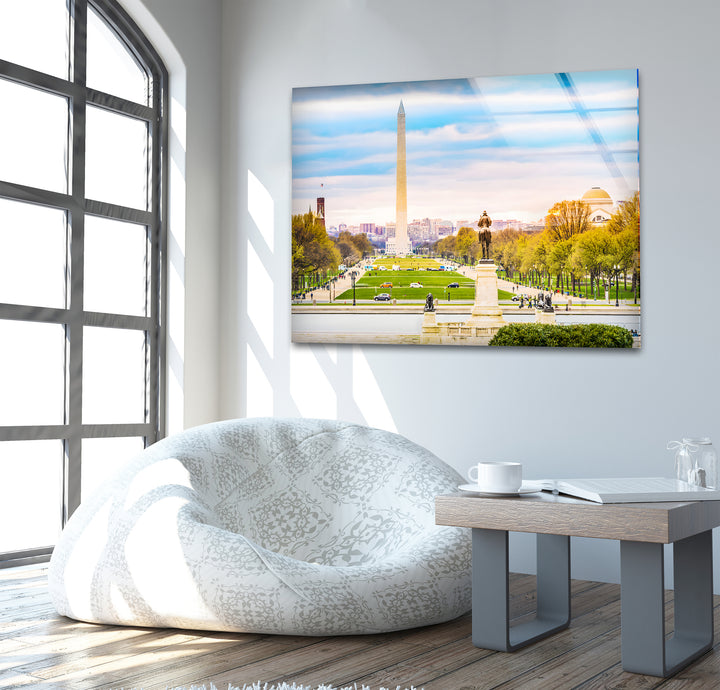 Glaswandkunst mit Blick auf Washington DC – Ikonisches Washington Monument mit malerischem Blick auf die National Mall