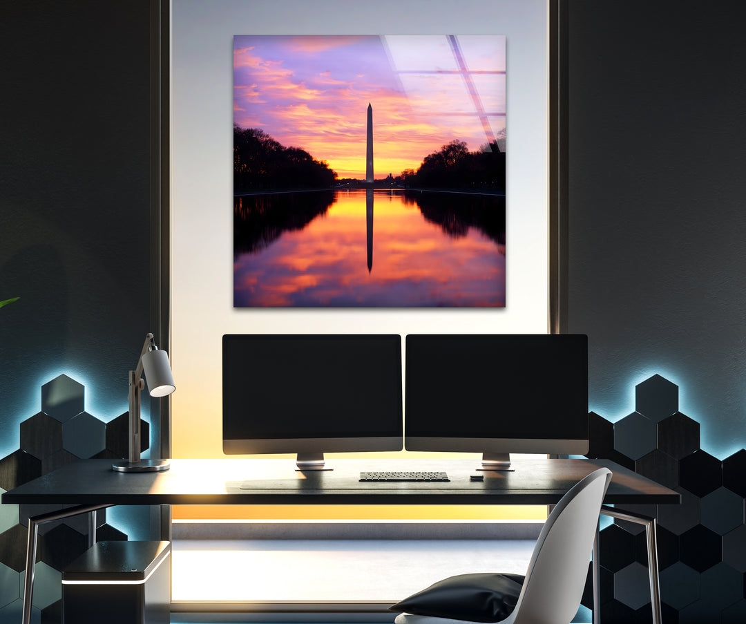Washington Monument Glaswandkunst – Majestätische Sonnenuntergangsspiegelung an der National Mall