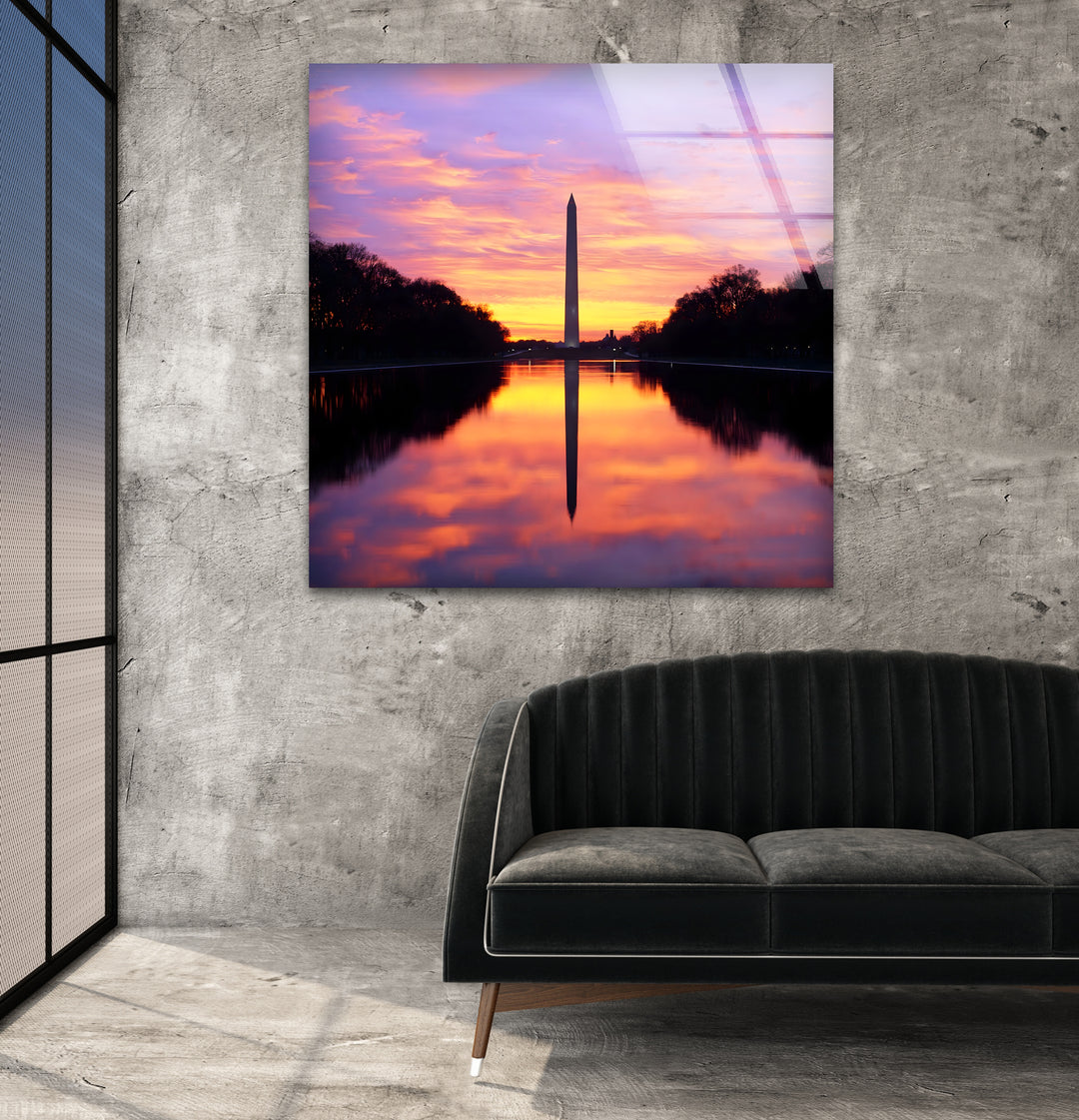 Washington Monument Glaswandkunst – Majestätische Sonnenuntergangsspiegelung an der National Mall