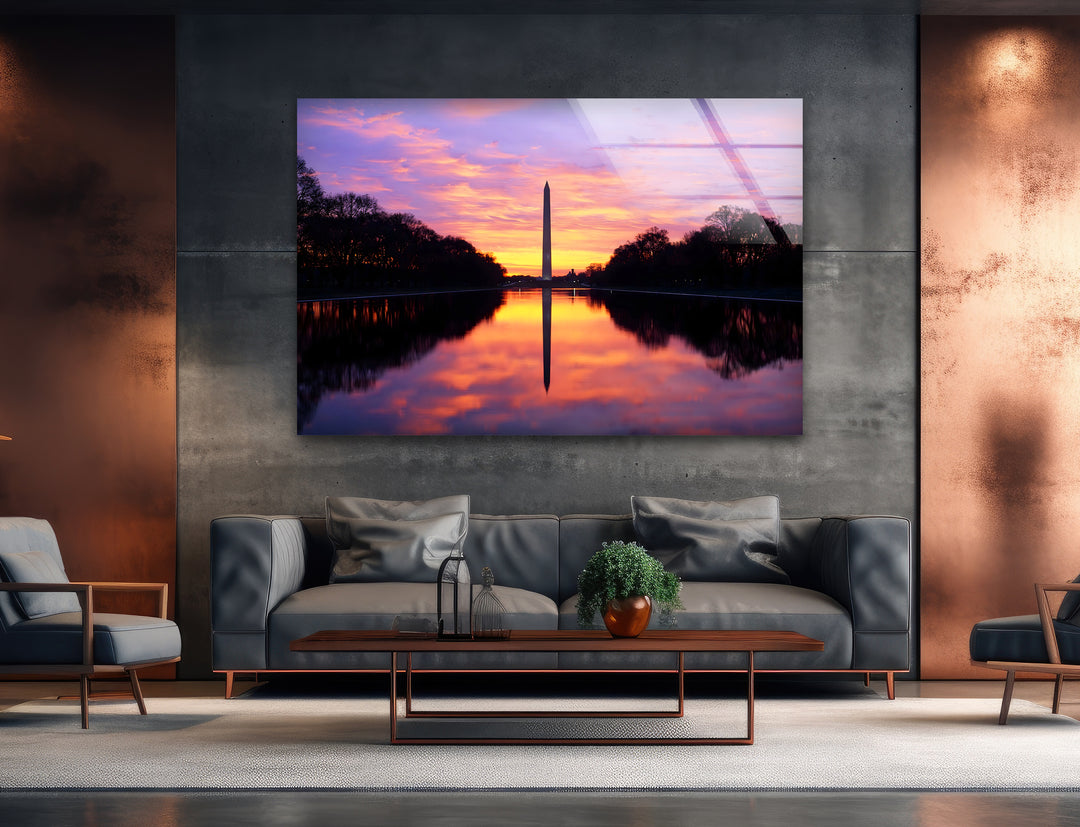 Washington Monument Glaswandkunst – Majestätische Sonnenuntergangsspiegelung an der National Mall