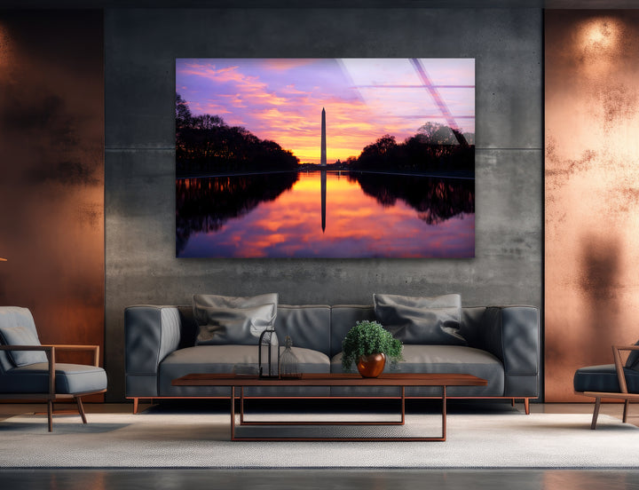 Washington Monument Glaswandkunst – Majestätische Sonnenuntergangsspiegelung an der National Mall