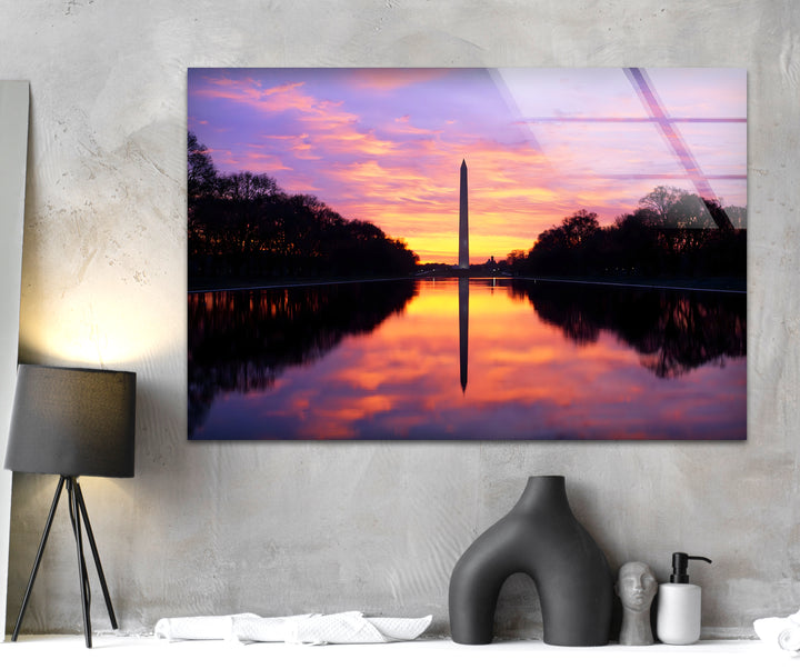 Washington Monument Glaswandkunst – Majestätische Sonnenuntergangsspiegelung an der National Mall