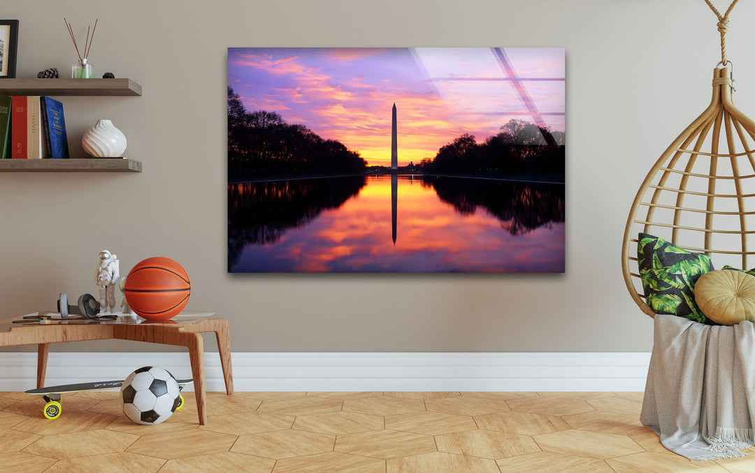 Washington Monument Glaswandkunst – Majestätische Sonnenuntergangsspiegelung an der National Mall