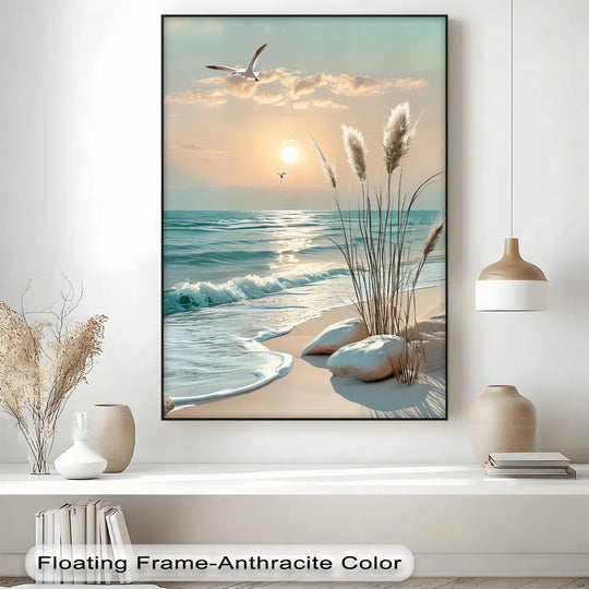 Framed beach scene artwork on a wall with decorative vases and a lamp.