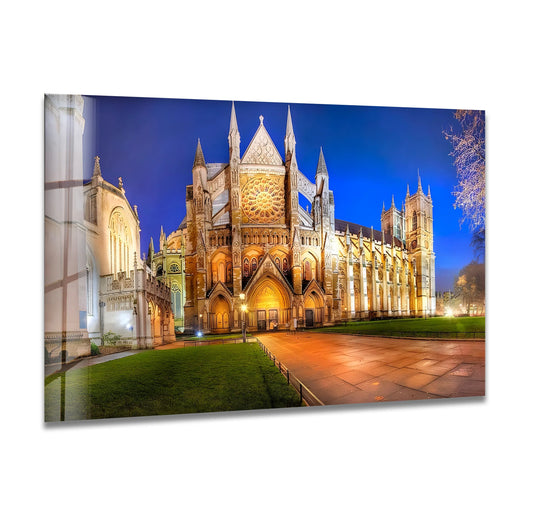 Horizontal rectangular print wall art showcasing a detailed night view of Westminster Abbey, illuminating its Gothic architecture.