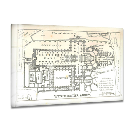 Visible is the edge and borders of the Westminster Abbey floor plan glass wall art, a detailed map highlighting wall prints.