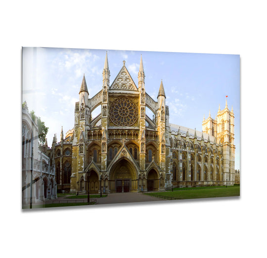 The focal point captures the grand Westminster Abbey in exquisite detail, showcased as stunning tempered glass wall art with its majestic gothic architecture.