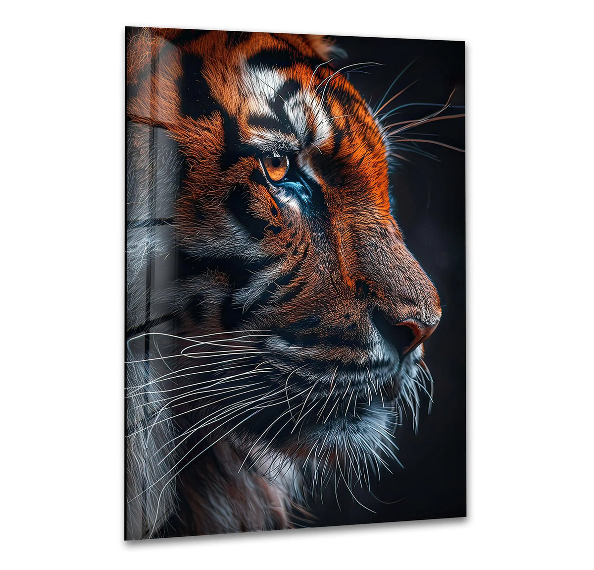 A close-up of a tiger's face in glass wall art decor, with its bright amber eye and illuminated whiskers in sharp focus against a dark background.