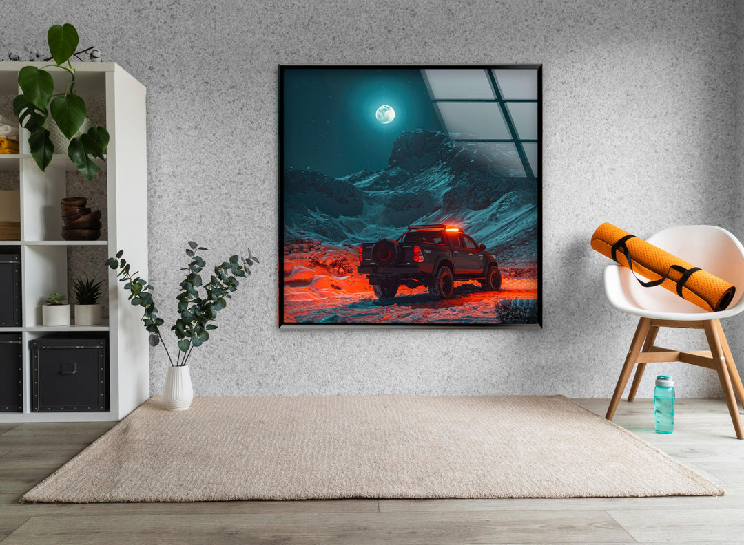 Striking nightscape with an illuminated vehicle, perfect for adventure enthusiasts.
