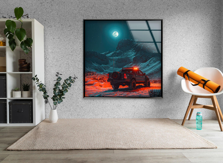 Striking nightscape with an illuminated vehicle, perfect for adventure enthusiasts.
