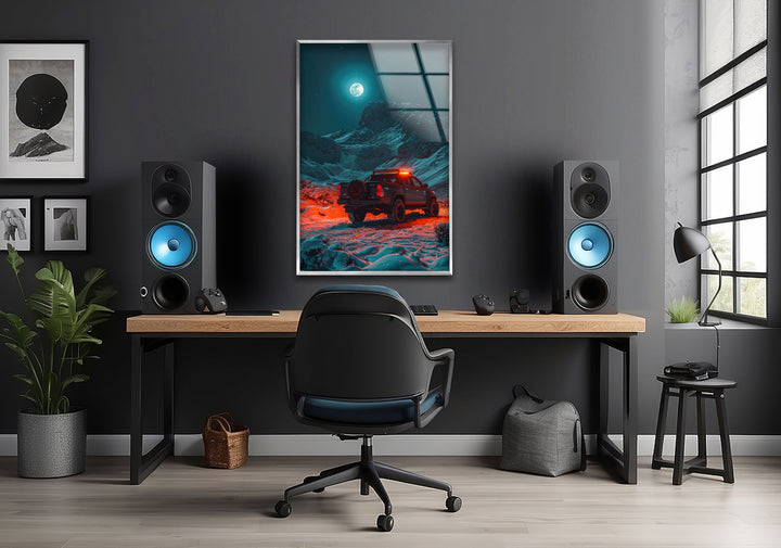 High-quality glass wall art featuring an off-road adventure under the moonlight.
