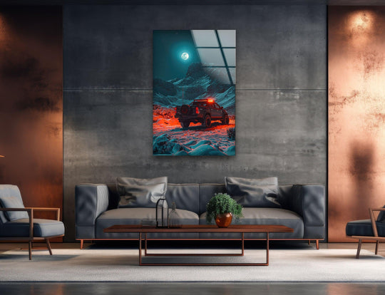 Futuristic landscape with a glowing 4x4 truck in a night-time off-road scene.
