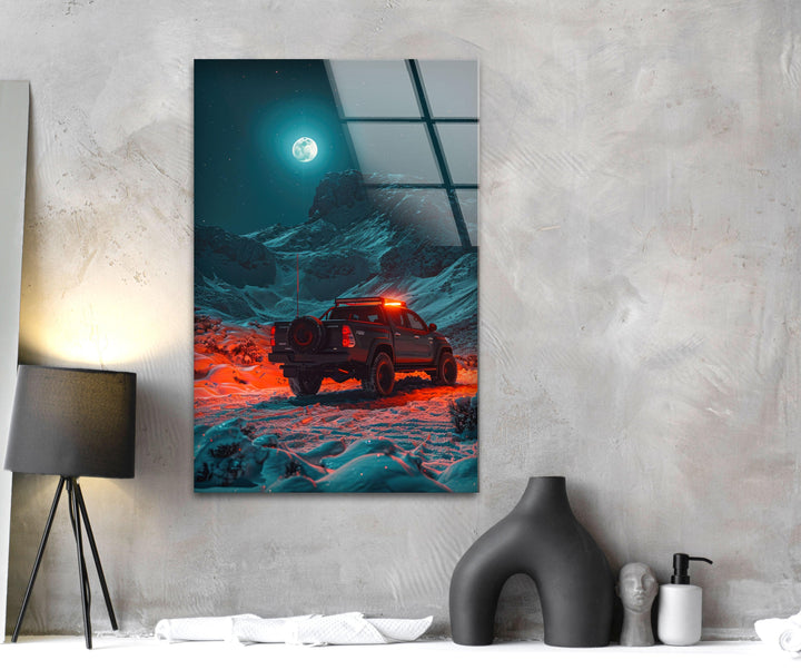 High-resolution tempered glass artwork showcasing a rugged 4x4 in the wild.
