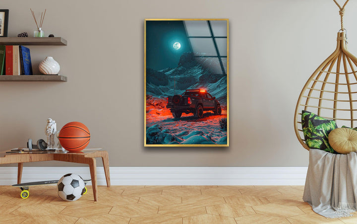 A bold and modern glass print of an off-road journey through rough terrain.
