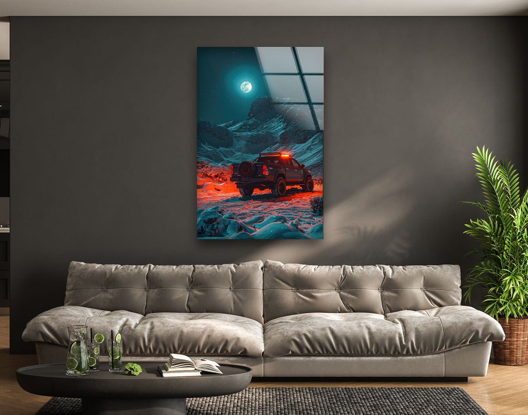 Eye-catching wall art featuring a powerful truck on a surreal landscape.
