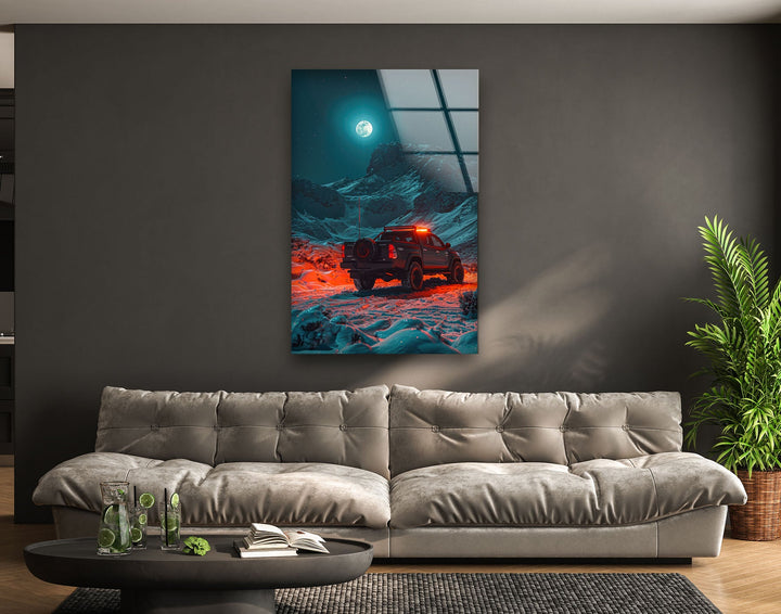 Eye-catching wall art featuring a powerful truck on a surreal landscape.
