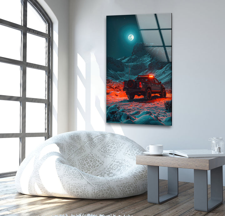 A dramatic off-road scene illuminated by red lights, printed on glass.
