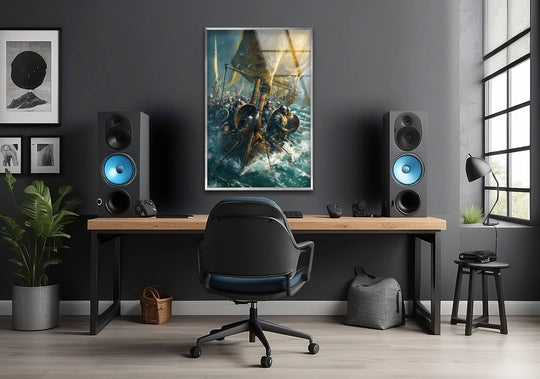 Featuring the dynamic ocean battle, the best glass art in this storm battle longship warriors glass wall art grabs attention amidst the room's decor.