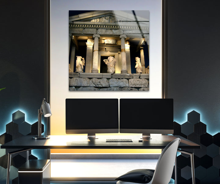 Glaswandkunst „Tempel der Athene“ – Majestätischer Blick auf ein antikes griechisches Wahrzeichen bei Nacht
