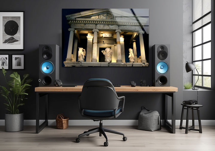 Glaswandkunst „Tempel der Athene“ – Majestätischer Blick auf ein antikes griechisches Wahrzeichen bei Nacht
