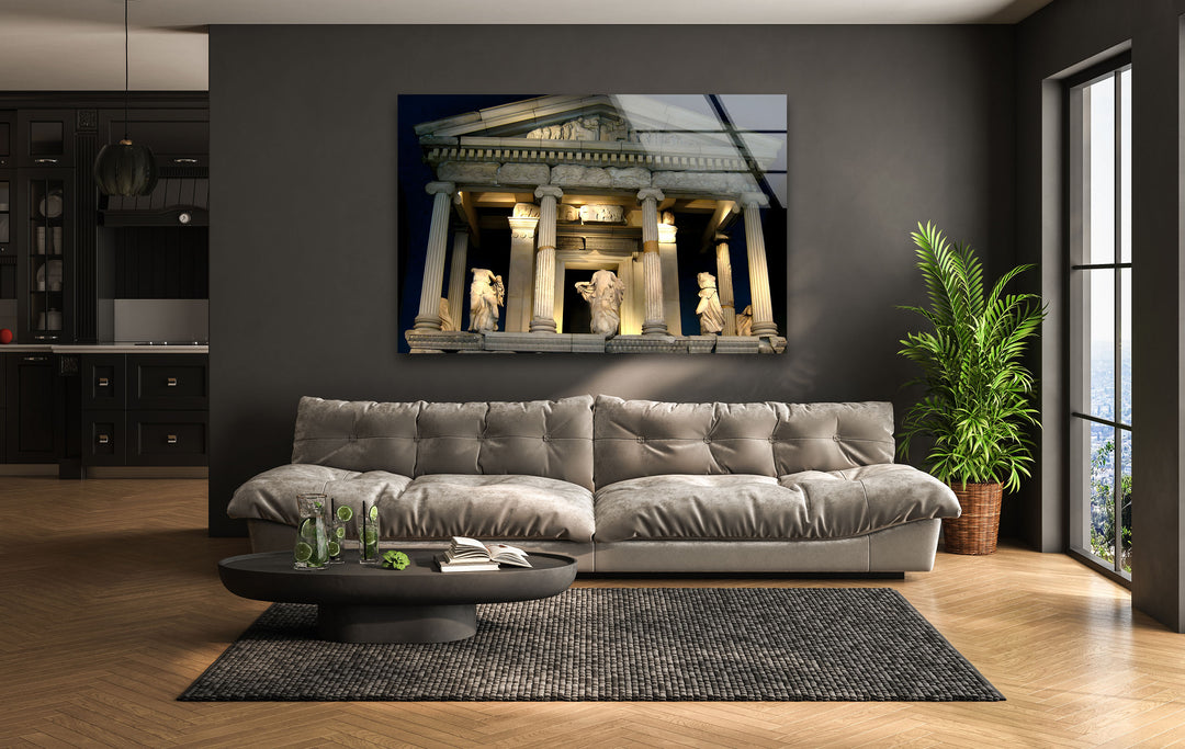 Glaswandkunst „Tempel der Athene“ – Majestätischer Blick auf ein antikes griechisches Wahrzeichen bei Nacht