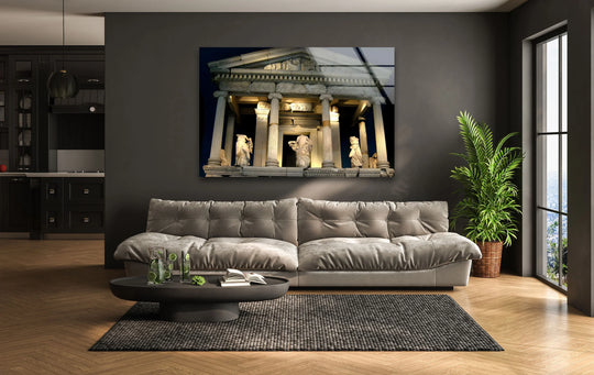 Illuminated at night, the Temple of Athena majestic landmark is the loudest element in this glass art painting, adding a dramatic touch to this cityscape view.