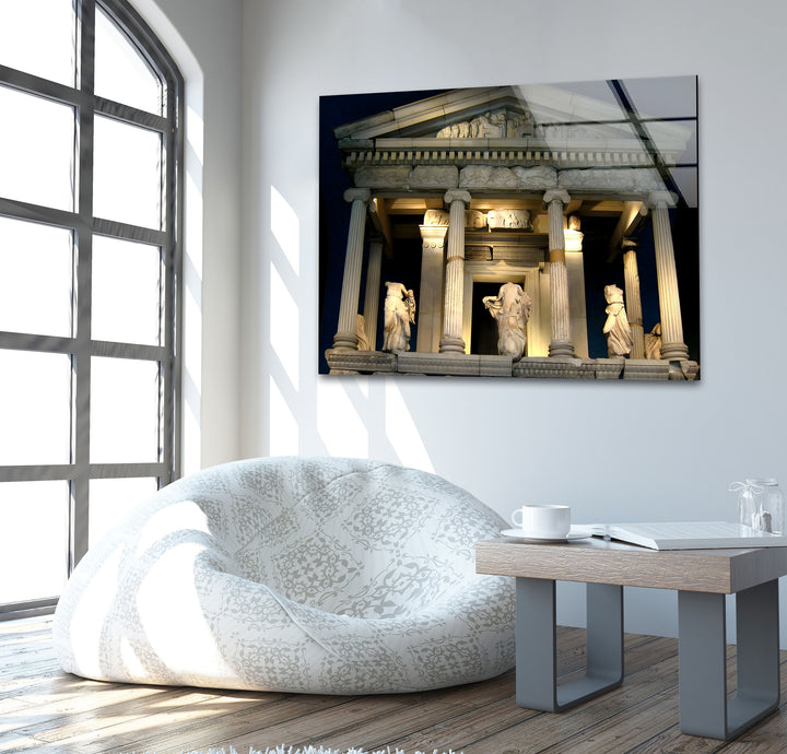 Glaswandkunst „Tempel der Athene“ – Majestätischer Blick auf ein antikes griechisches Wahrzeichen bei Nacht